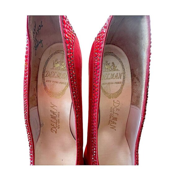 Vintage Delman Red Satin Rhinestone Heels 1950s Size 6B  Cocktail Pumps - Picture 6 of 15